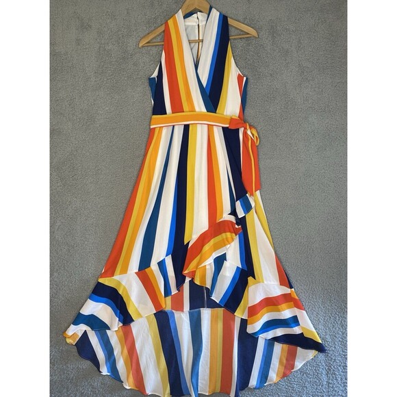 Julia Jordan Striped Faux Wrap Sleeveless V Neck Lined Hi Low Dress Sz 6 Resort - Picture 1 of 16